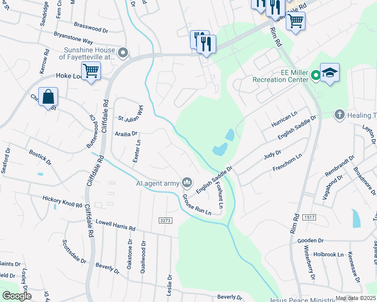 map of restaurants, bars, coffee shops, grocery stores, and more near 1136 Arailia Drive in Fayetteville