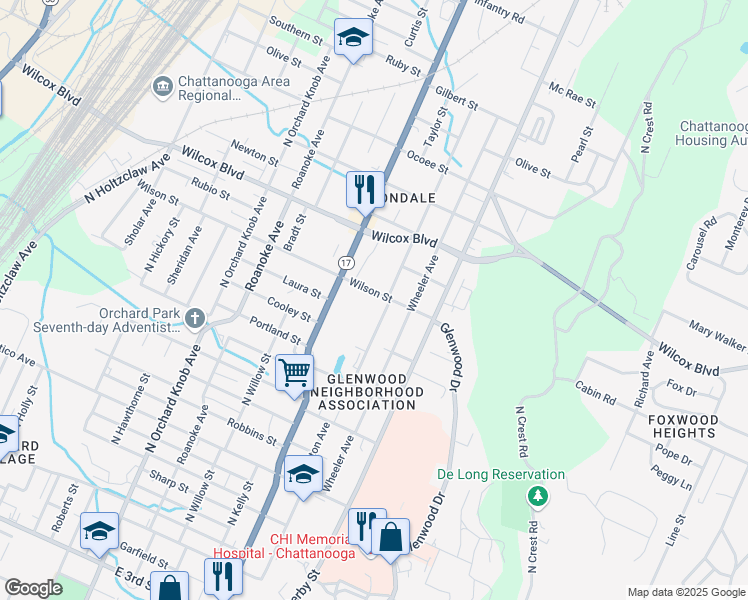 map of restaurants, bars, coffee shops, grocery stores, and more near 1301 Arlington Avenue in Chattanooga