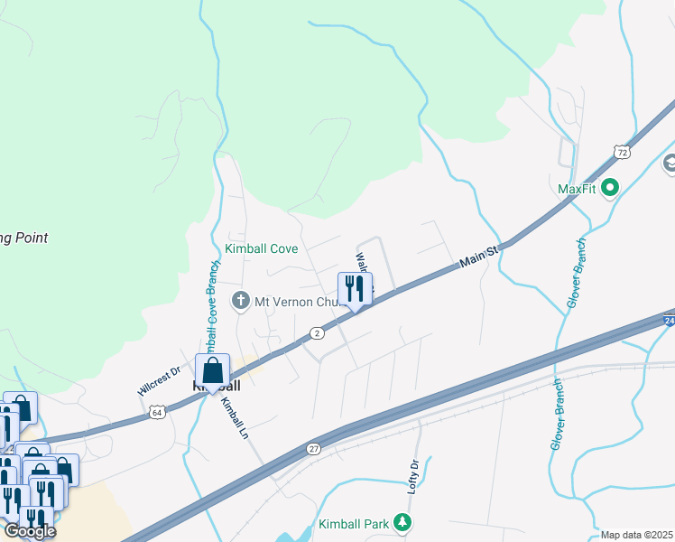 map of restaurants, bars, coffee shops, grocery stores, and more near 29 Walnut Street in Kimball
