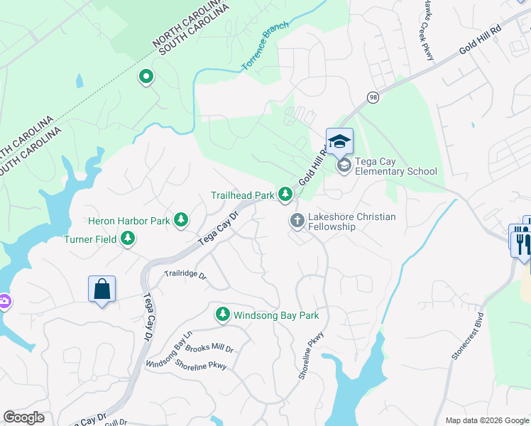 map of restaurants, bars, coffee shops, grocery stores, and more near 7234 Cascading Pines Drive in Tega Cay