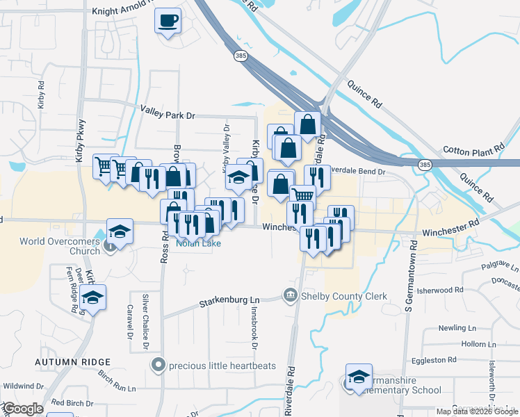 map of restaurants, bars, coffee shops, grocery stores, and more near 3595 Kirby Terrace Drive in Memphis