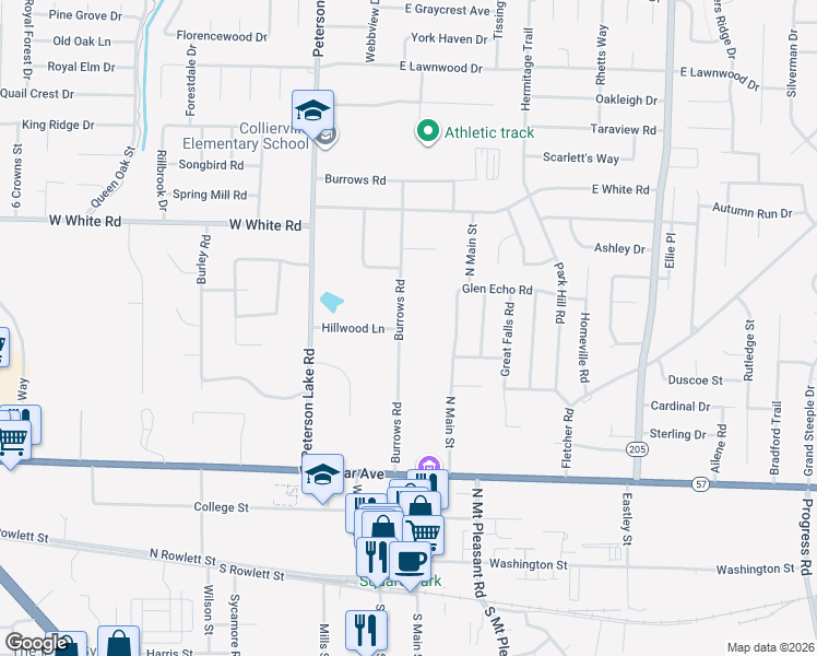map of restaurants, bars, coffee shops, grocery stores, and more near 374 Burrows Road in Collierville