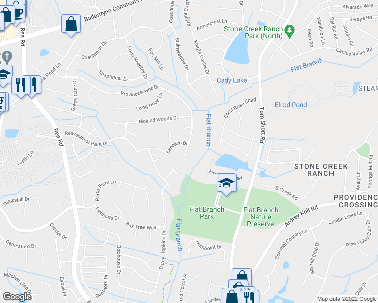 map of restaurants, bars, coffee shops, grocery stores, and more near 12611 Provincetowne Drive in Charlotte