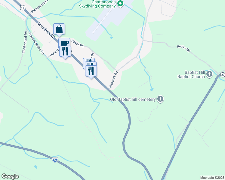 map of restaurants, bars, coffee shops, grocery stores, and more near 166 Hancock Road in Jasper