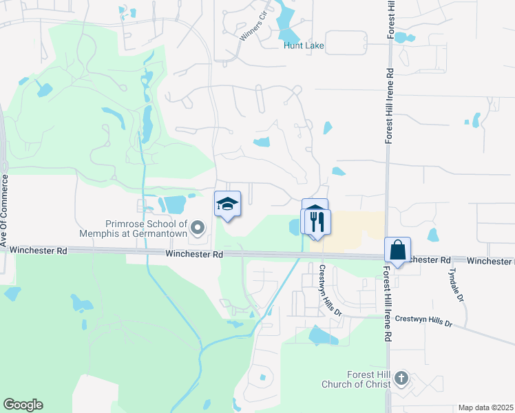 map of restaurants, bars, coffee shops, grocery stores, and more near 3606 Fairwood Cove in Memphis