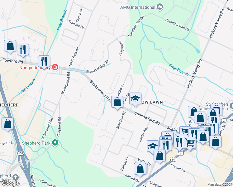 map of restaurants, bars, coffee shops, grocery stores, and more near 2313 Janeview Drive in Chattanooga