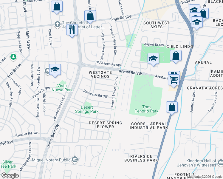 map of restaurants, bars, coffee shops, grocery stores, and more near 7308 Autumn Sky Road Southwest in Albuquerque