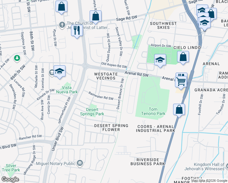 map of restaurants, bars, coffee shops, grocery stores, and more near 7308 Autumn Sky Road Southwest in Albuquerque