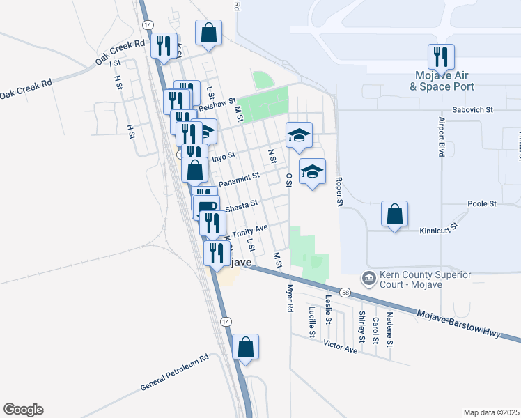 map of restaurants, bars, coffee shops, grocery stores, and more near 2068 Shasta Street in Mojave