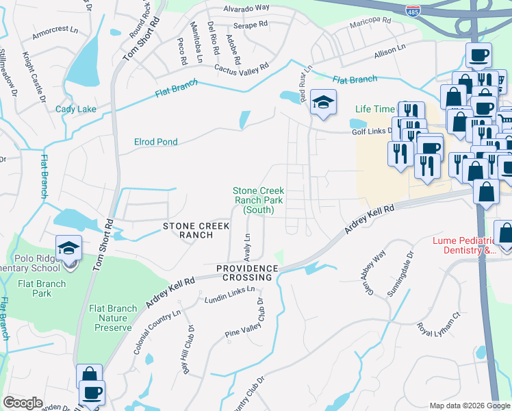 map of restaurants, bars, coffee shops, grocery stores, and more near 11316 Wheat Ridge Road in Charlotte