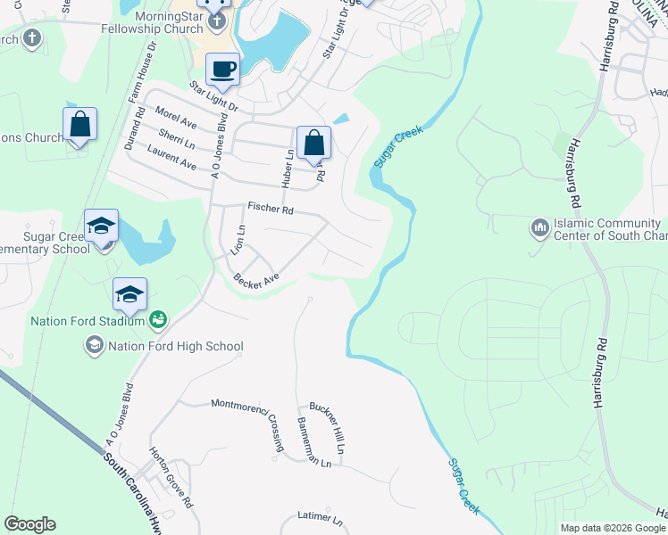 map of restaurants, bars, coffee shops, grocery stores, and more near 1307 Hahn Court in Fort Mill