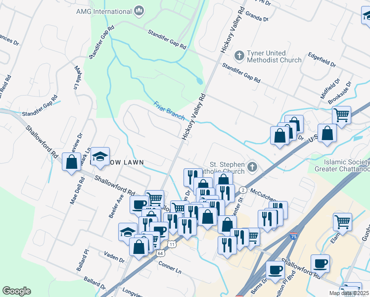 map of restaurants, bars, coffee shops, grocery stores, and more near 2416 Hickory Valley Road in Chattanooga