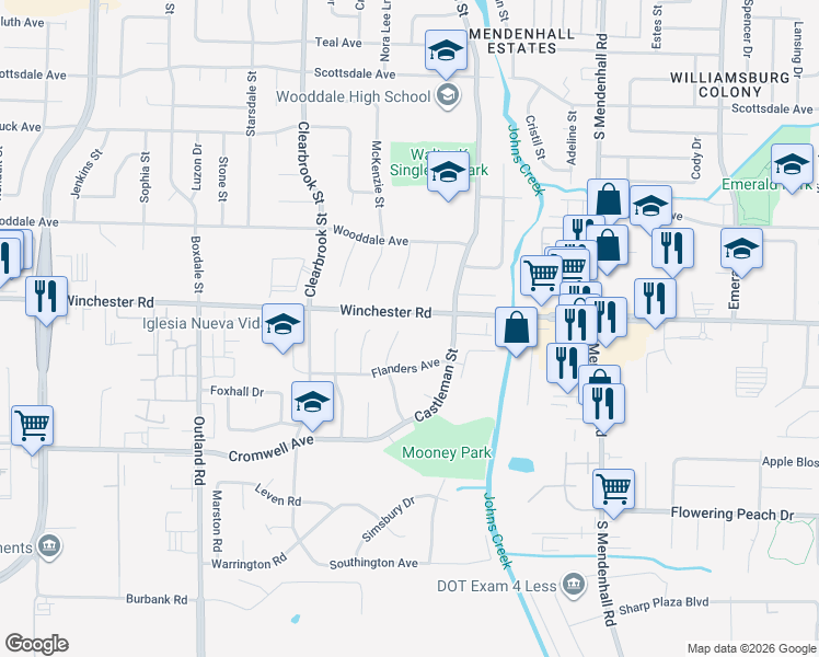 map of restaurants, bars, coffee shops, grocery stores, and more near 3614 Shoreham Drive in Memphis