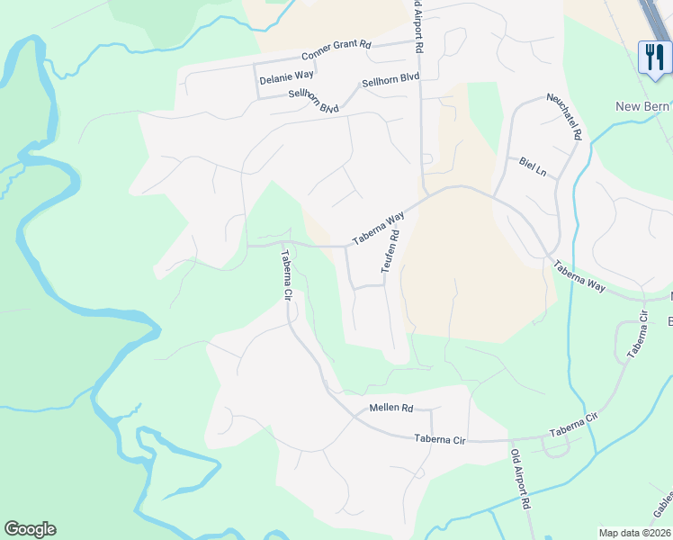 map of restaurants, bars, coffee shops, grocery stores, and more near 104 Friburg Road in New Bern