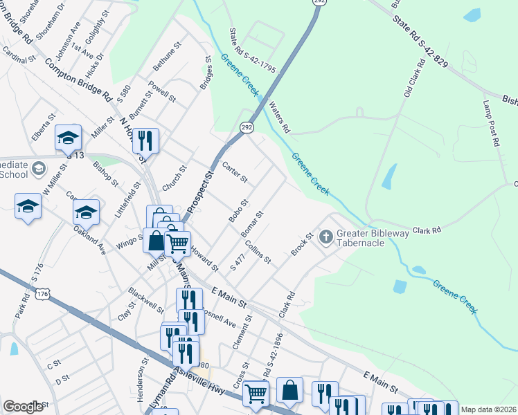 map of restaurants, bars, coffee shops, grocery stores, and more near 53 Bomar Street in Inman