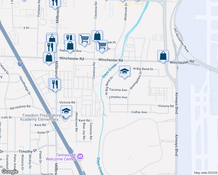 map of restaurants, bars, coffee shops, grocery stores, and more near 3596 West Big Bend Drive in Memphis