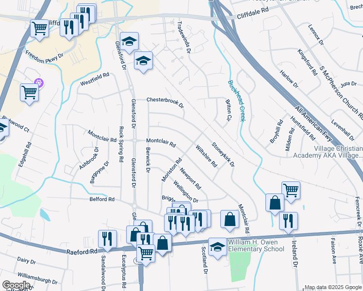map of restaurants, bars, coffee shops, grocery stores, and more near 694 Wiltshire Road in Fayetteville