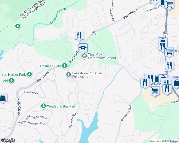 map of restaurants, bars, coffee shops, grocery stores, and more near 1035 Hunters Run Drive in Fort Mill