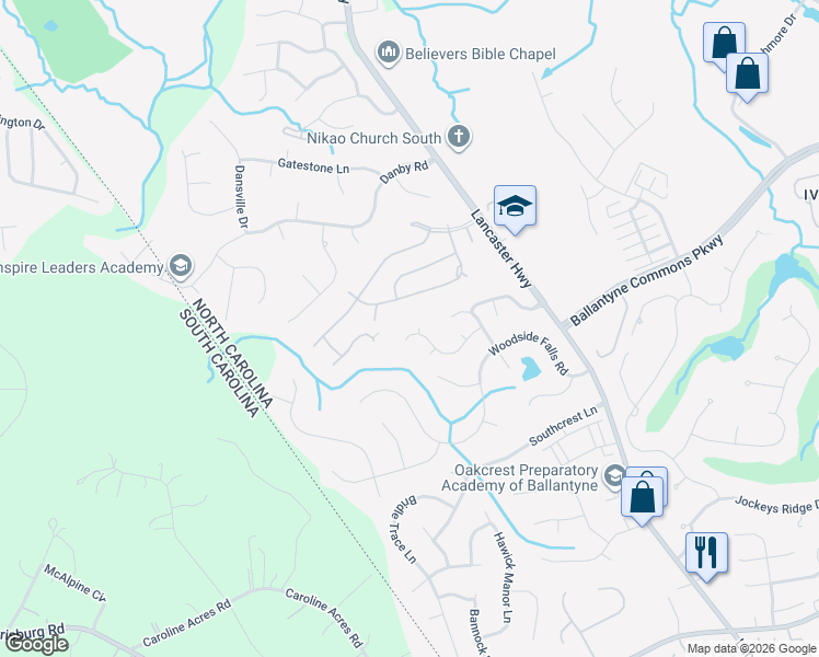 map of restaurants, bars, coffee shops, grocery stores, and more near 14202 Greenstone Court in Pineville