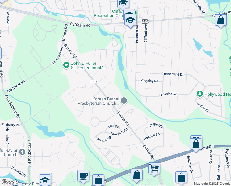 map of restaurants, bars, coffee shops, grocery stores, and more near 6489-6491 Tarrytown Road in Fayetteville