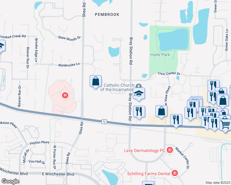 map of restaurants, bars, coffee shops, grocery stores, and more near 146 North Dubray Place in Collierville