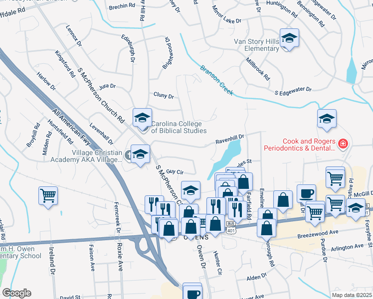 map of restaurants, bars, coffee shops, grocery stores, and more near 3213 Kentyre Drive in Fayetteville