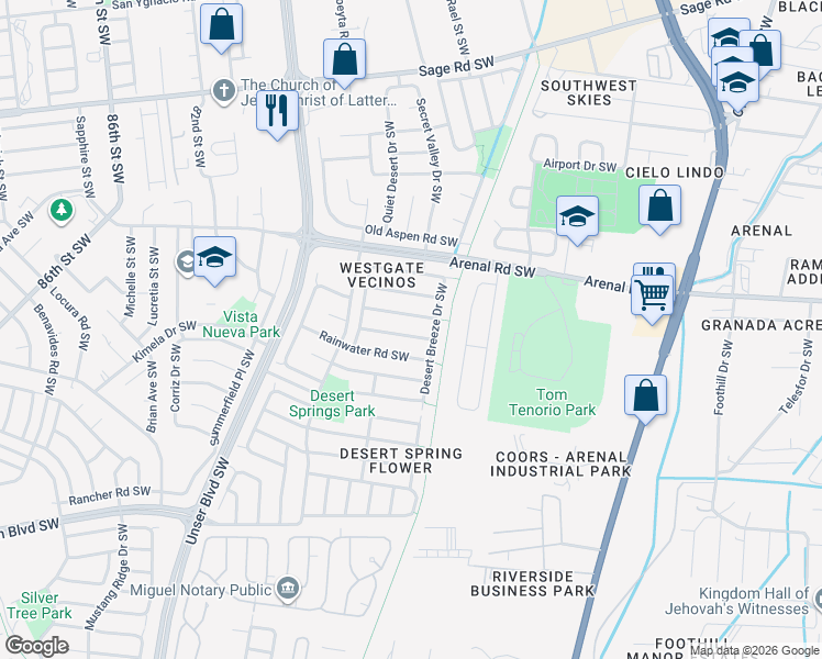 map of restaurants, bars, coffee shops, grocery stores, and more near 7308 Autumn Sky Road Southwest in Albuquerque