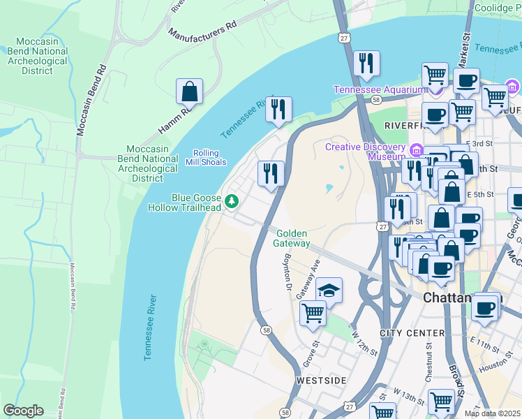 map of restaurants, bars, coffee shops, grocery stores, and more near 1033 Riverfront Parkway in Chattanooga