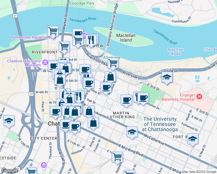 map of restaurants, bars, coffee shops, grocery stores, and more near 500 East 5th Street in Chattanooga