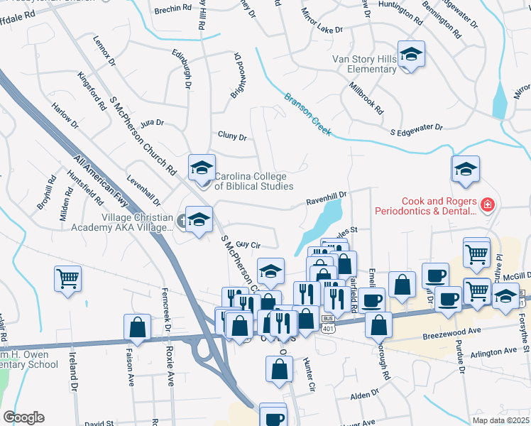 map of restaurants, bars, coffee shops, grocery stores, and more near 3213 Kentyre Drive in Fayetteville