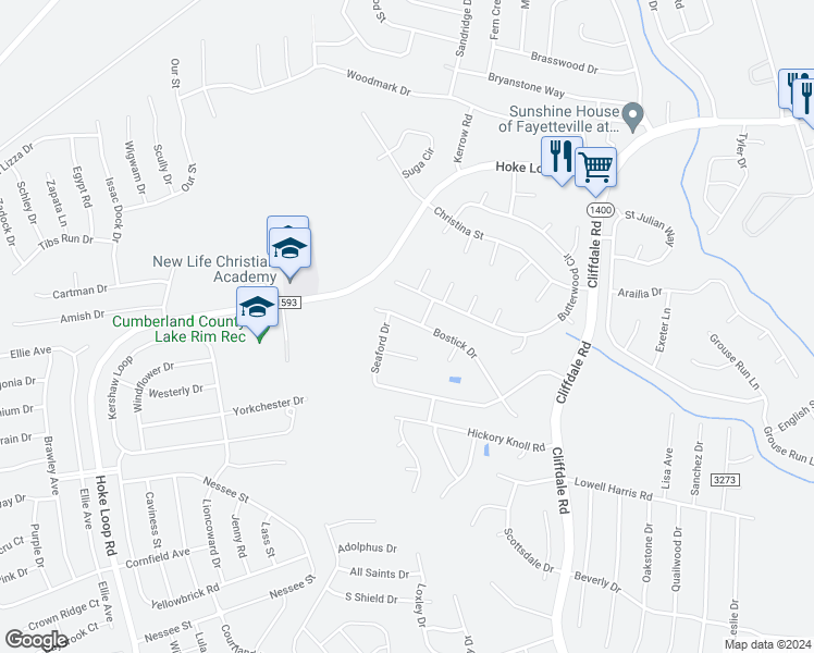 map of restaurants, bars, coffee shops, grocery stores, and more near 6936 Bostick Drive in Fayetteville