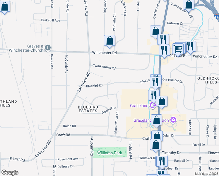 map of restaurants, bars, coffee shops, grocery stores, and more near 945 Bluebird Road in Memphis