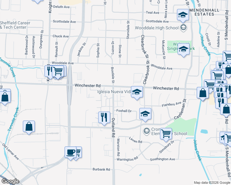 map of restaurants, bars, coffee shops, grocery stores, and more near 4871 Winchester Road in Memphis