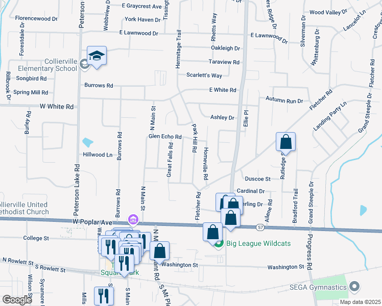 map of restaurants, bars, coffee shops, grocery stores, and more near 386 Cascade Falls Road in Collierville