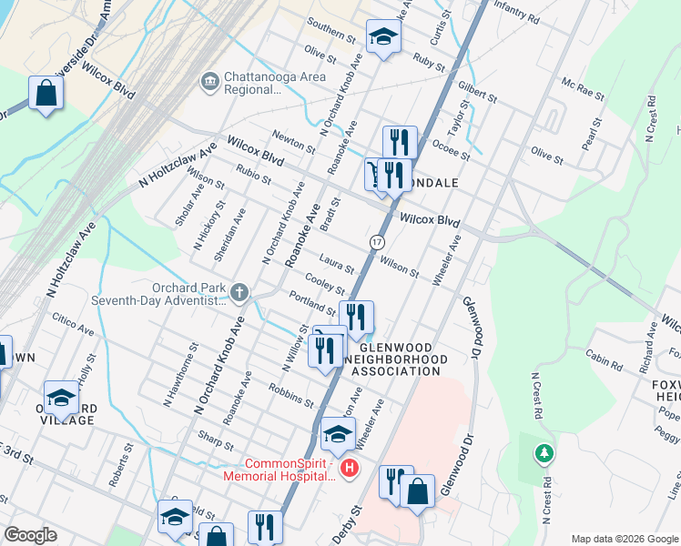 map of restaurants, bars, coffee shops, grocery stores, and more near 2107 Laura Street in Chattanooga