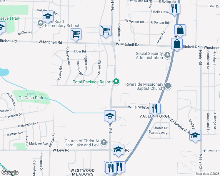 map of restaurants, bars, coffee shops, grocery stores, and more near 3591 New Horn Lake Road in Memphis