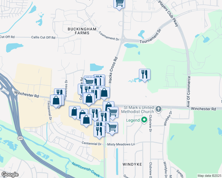 map of restaurants, bars, coffee shops, grocery stores, and more near 3630 Hacks Cross Road in Memphis