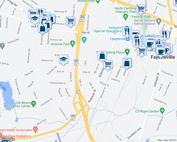 map of restaurants, bars, coffee shops, grocery stores, and more near 716 Ellis Street in Fayetteville