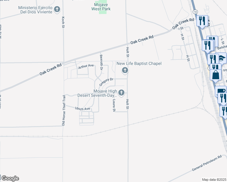 map of restaurants, bars, coffee shops, grocery stores, and more near 3132 Milton Drive in Mojave