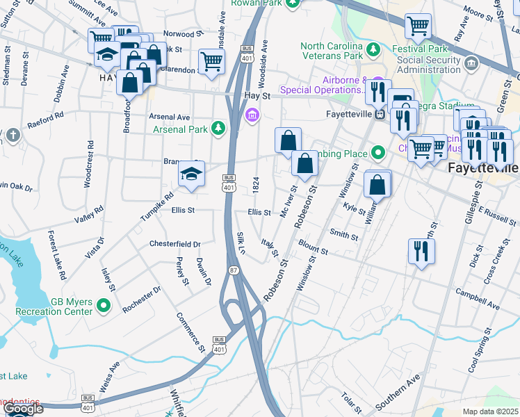 map of restaurants, bars, coffee shops, grocery stores, and more near 720 Ellis Street in Fayetteville