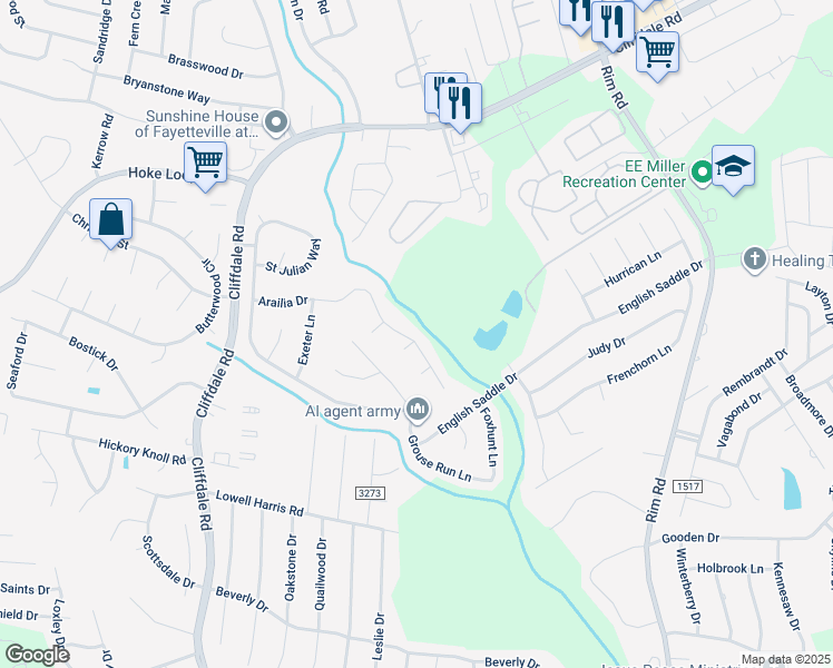 map of restaurants, bars, coffee shops, grocery stores, and more near 1140 Arailia Drive in Fayetteville