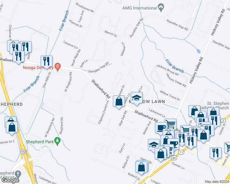 map of restaurants, bars, coffee shops, grocery stores, and more near 2313 Janeview Drive in Chattanooga