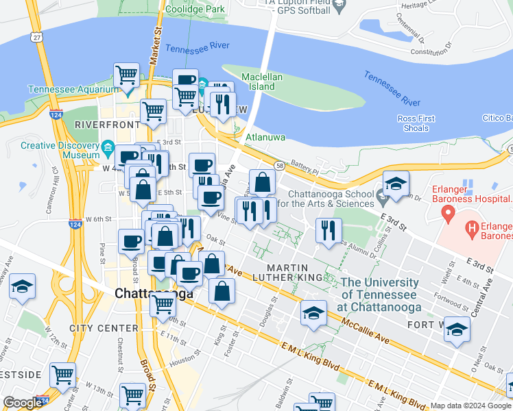 map of restaurants, bars, coffee shops, grocery stores, and more near 500 East 5th Street in Chattanooga
