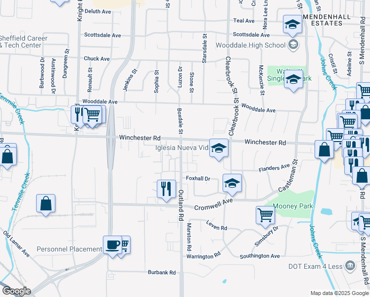 map of restaurants, bars, coffee shops, grocery stores, and more near 4871 Winchester Road in Memphis
