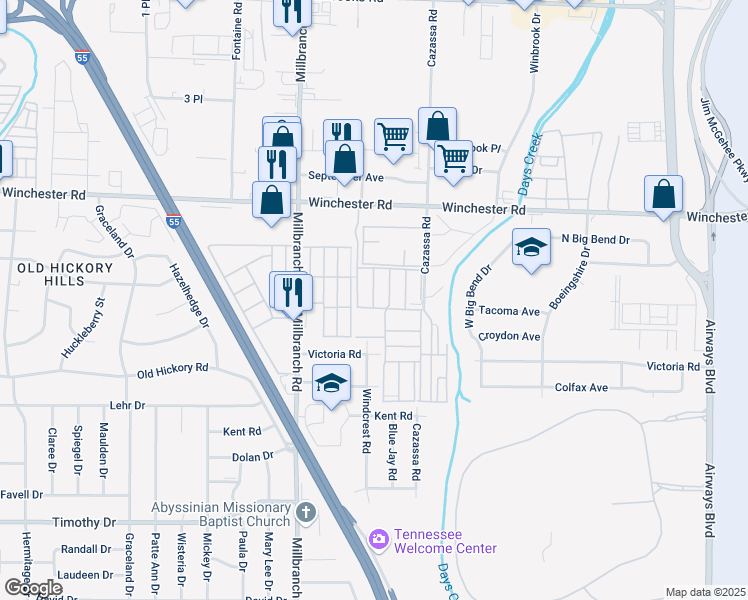 map of restaurants, bars, coffee shops, grocery stores, and more near 3610 Popinjay Drive in Memphis