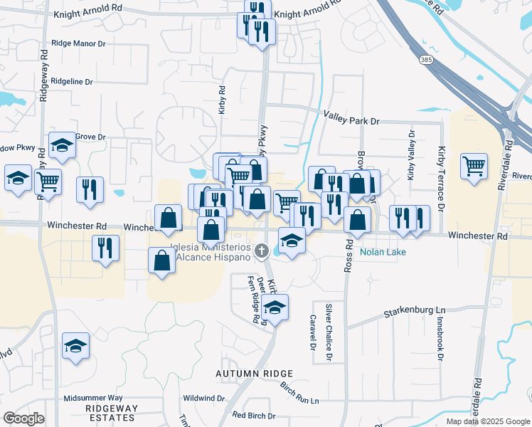 map of restaurants, bars, coffee shops, grocery stores, and more near 3605 Kirby Parkway in Memphis