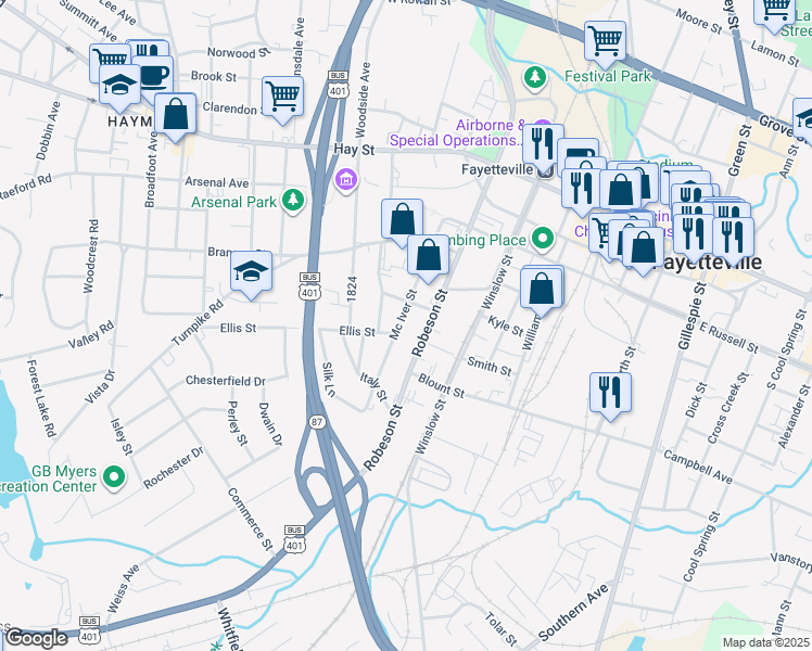 map of restaurants, bars, coffee shops, grocery stores, and more near 312 Mc Iver Street in Fayetteville