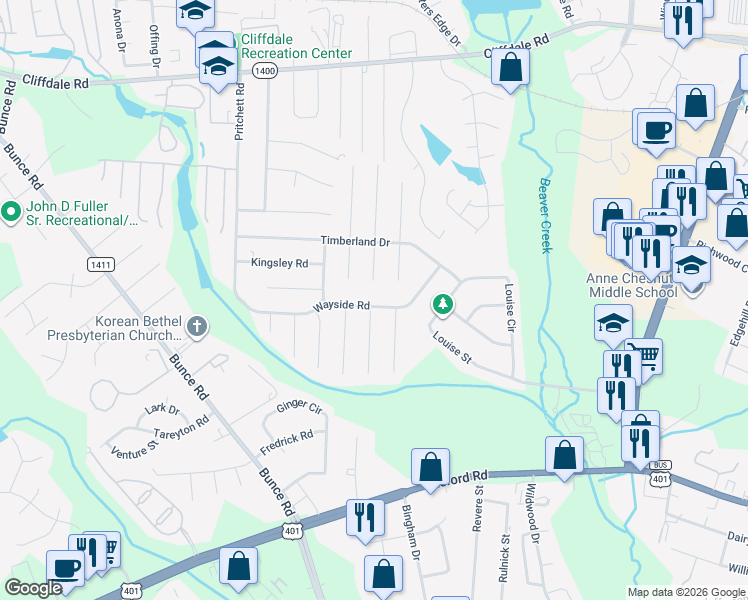 map of restaurants, bars, coffee shops, grocery stores, and more near 1010 Wayside Road in Fayetteville