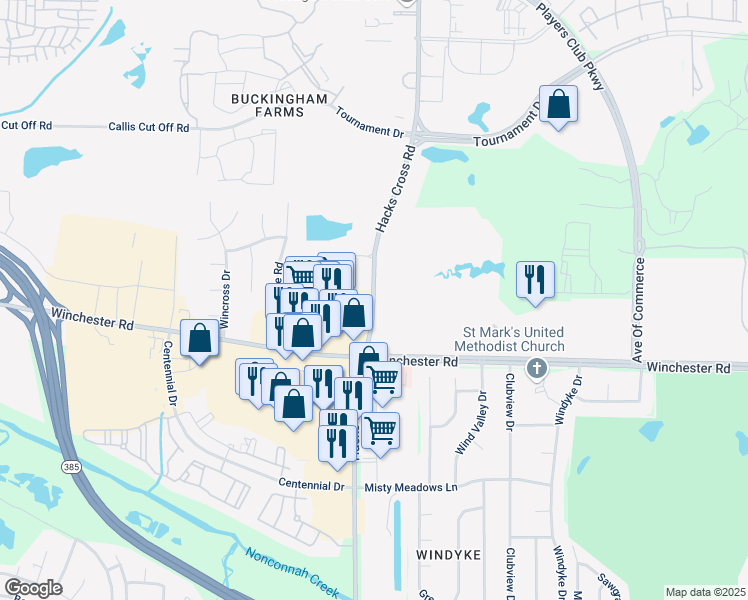 map of restaurants, bars, coffee shops, grocery stores, and more near 3620 Hacks Cross Road in Memphis