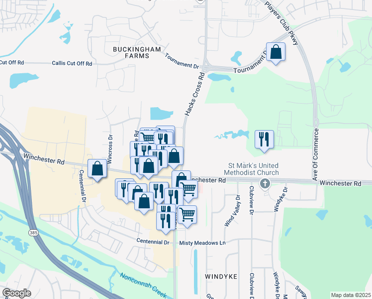 map of restaurants, bars, coffee shops, grocery stores, and more near 3620 Hacks Cross Road in Memphis